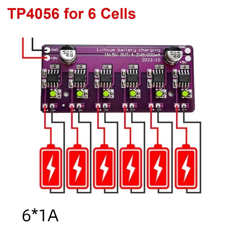 TP4056 Lithium Battery Charging Module for 6 Batteries Simultaneously 5V Input for 4.2V 1A Current 6 Independent Charge Discharge