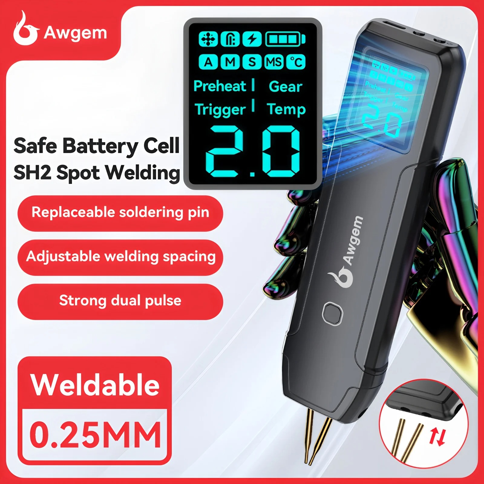 Awgem SH2 Portable Mini Spot Welder Adjustable Spot Welding Machine for Lithium Battery