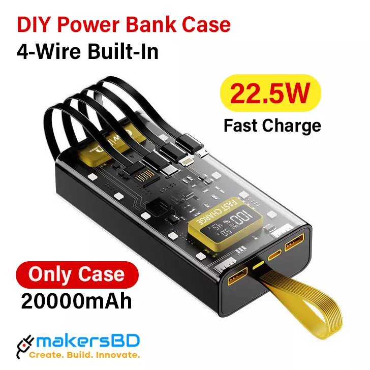 Power bank Case With Digital Display 4-Cable Built-In Transparent LED Light PD22.5W Fast Charging (Without Battery)