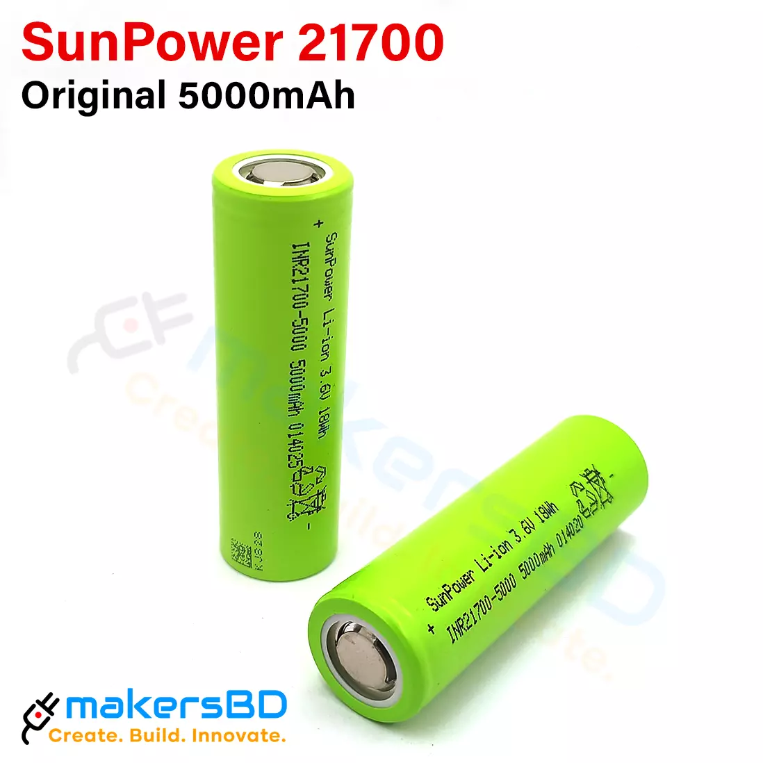 SunPower INR 21700 3.6V 18Wh 5000mAh Li-ion Rechargeable Battery Flat Top Brand New- 1Pc